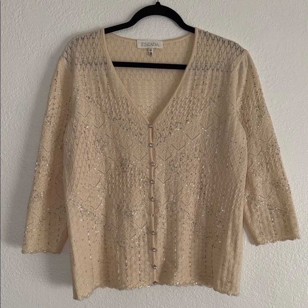 Escada ivory neutral wool blend cardigan embellished retro vintage sweater